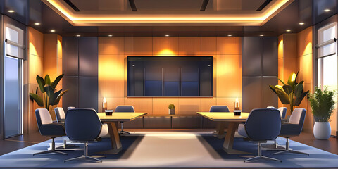 Modern Office Meeting Room with Wooden Walls and Large Window - 3D Illustration