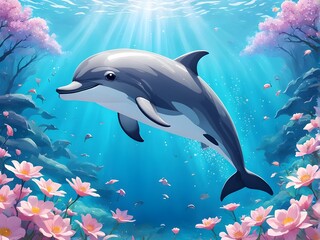 Fototapeta premium Ocean animals. Sea fish, underwater marine cute dolphin and jellyfish, nature world life with whale and coral reef. Childish background or poster. Cartoon flat isolated vector illustration