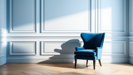 Blue Chair in Modern Interior with Classic Wall Panels and Shadows