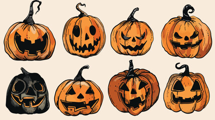 Flat lay design of Hand drawn halloween pumpkin collection, Halloween elements, Happy Halloween
