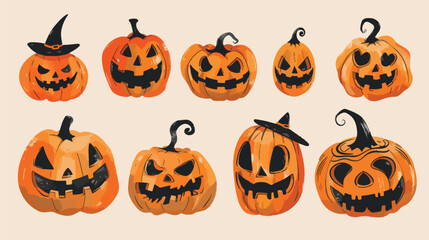 Flat lay design of Hand drawn halloween pumpkin collection, Halloween elements, Happy Halloween
