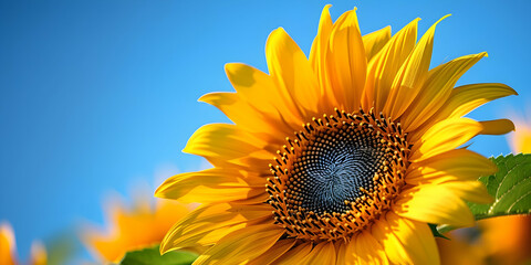 Obraz premium Vibrant Yellow Sunflower with Blue Sky Background - Photo
