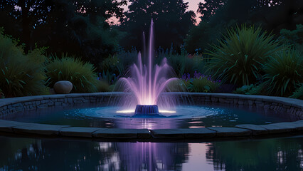 depicting a serene fountain pond at twilight, with swirling shades of blue and purple blending into water ripples