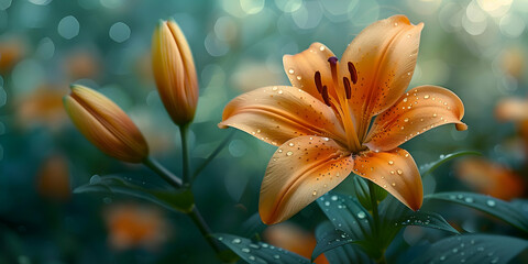 Orange Lily Flower with Dew Drops on Teal Background - Realistic Image