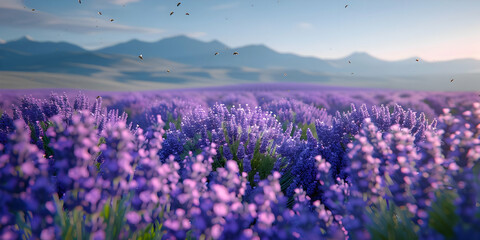 Obraz premium Lavender Field with Bees - 3D Illustration