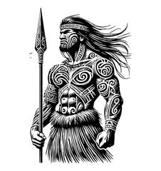 powerful Maori tribe warrior, standing tall, wearing traditional tribal attire made of woven materials