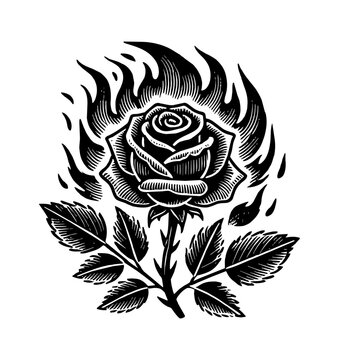 recommend clip art: burning rose flower engraving black and white outline