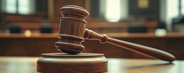 Wooden gavel on a courtroom desk, legal