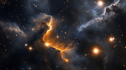 A dark nebula, casting shadows over bright stars, creating an eerie and mysterious space scene.