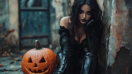 Fototapeta premium Dark Gothic Halloween Aesthetic with Pumpkins and Mysterious Girl