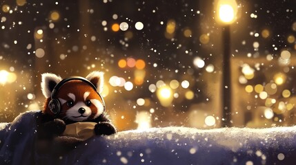 Adorable red panda snuggled in a cozy blanket, wearing oversized headphones. The cute red panda exudes warmth and charm with its fluffy fur and content expression, creating a heartwarming and playful 