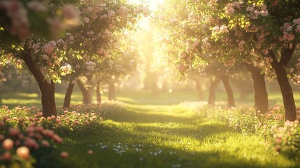 Fototapeta premium A picturesque orchard in a ring, trees covered in blossoms and fruit, creating a natural halo of abundance, soft light filtering through the canopy