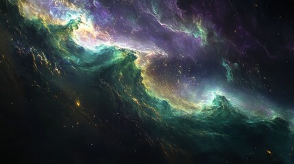Obraz premium A massive nebula with glowing tendrils of green and purple gas, twisting and swirling across the cosmos.