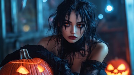 Dark Gothic Halloween Aesthetic with Pumpkins and Mysterious Girl