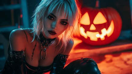 Dark Gothic Halloween Aesthetic with Pumpkins and Mysterious Girl