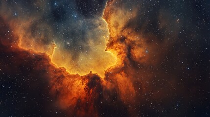 Fototapeta premium A sprawling nebula with fiery orange and yellow gases, radiating light and heat across deep space.