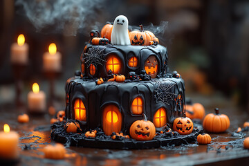 A three-tiered Halloween cake featuring a cauldron, graveyard, and pumpkins with eerie lighting, detailed fondant art, and fog effects for a spooky celebration.
