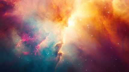 Naklejka premium The bright core of a nebula, with radiant light streaming through colorful clouds of gas and dust.