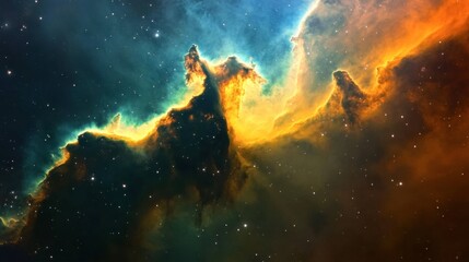 Obraz premium The bright core of a nebula, with radiant light streaming through colorful clouds of gas and dust.