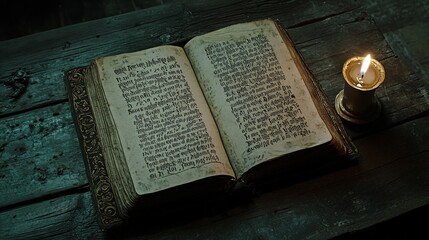 Fototapeta premium A fragment of an ancient church book resting on a wooden table, illuminated by soft candlelight. The book, bound in leather, lies open to a page of handwritten text in Church Slavonic, 
