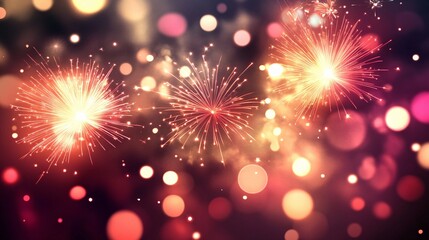 Obraz premium Golden Fireworks with Red Bokeh Lights Against a Dark Background
