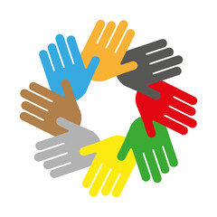 Colored hands circle. Symbol of unity. Diversity and cooperation. Vector illustration.
