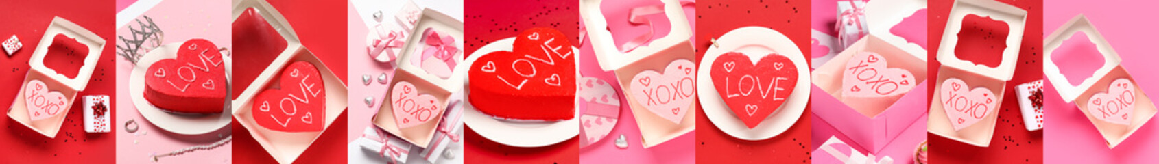 Collage of tasty heart-shaped bento cakes for Valentines Day on red and pink backgrounds