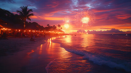 A tropical beach at sunset with tiki torches, fireworks in the distance, and people celebrating New Year's. Waves crash softly as palm trees sway under warm orange and purple skies.
