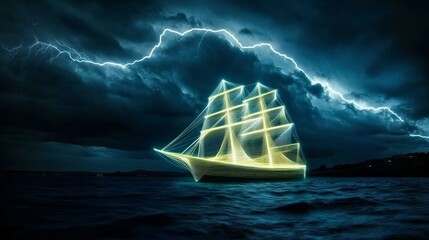 A glowing ship sails through a stormy sea, illuminated by lightning strikes.