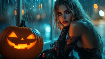 Dark Gothic Halloween Aesthetic with Pumpkins and Mysterious Girl