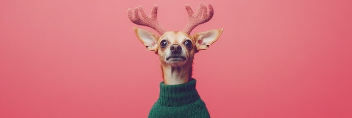 A festive dog wearing reindeer antlers and a green sweater poses playfully against a bright pink background