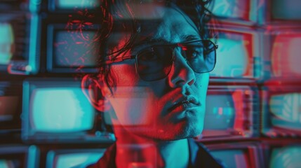Fototapeta premium Intense Portrait of Pensive Man with Glowing Digital Displays