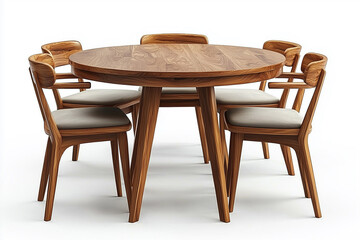 Round kitchen table and chairs on white background.