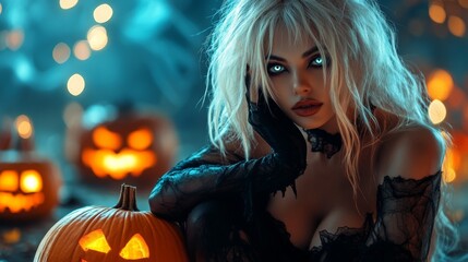 Naklejka premium Dark Gothic Halloween Aesthetic with Pumpkins and Mysterious Girl