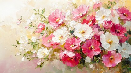 Whimsical bouquet of pink and white summer flowers, abstract impressionist style, thick oil paint textures on canvas, soft pastel background, radiant light