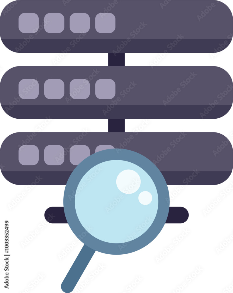 Poster this vector icon shows a magnifying glass inspecting a database server, representing concepts like d