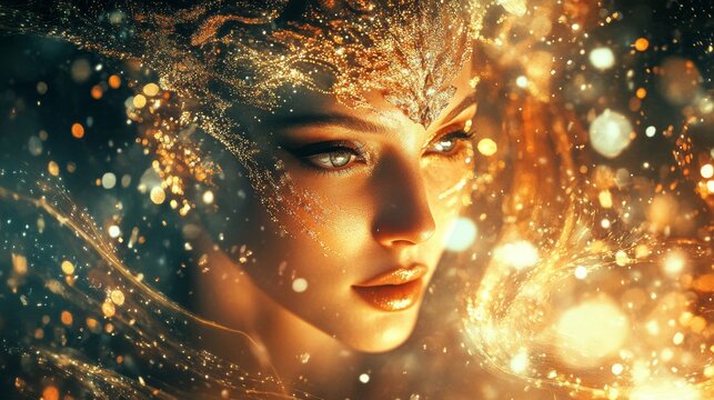 A golden-skinned woman adorned in a glamorous outfit sparkles amidst a luxurious, mystical atmosphere filled with enchanting light