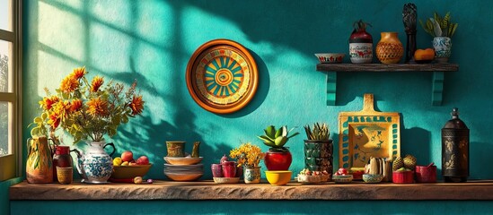 Sunlit Kitchen Shelf with Colorful Decor