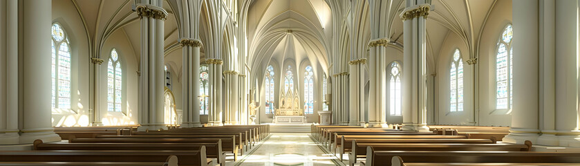 Fototapeta premium 3D Illustration of Church Interior with Stained Glass Windows and Pews