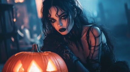Dark Gothic Halloween Aesthetic with Pumpkins and Mysterious Girl