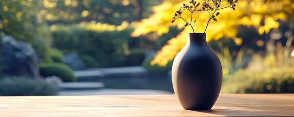 Dark vase with dried flowers on wooden