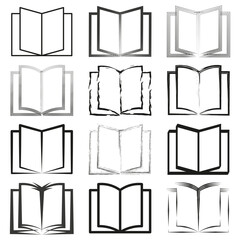 Open book icons. Various styles collection. Simple reading symbols. Sketch and outline illustrations.