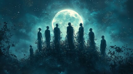 Obraz premium A serene depiction of interconnected souls standing in a circle, with their forms fading from life to death and blossoming again into life, under the moonlight