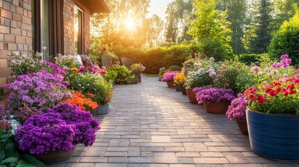 Naklejka premium A serene patio adorned with a circle of vibrant planters, overflowing with colorful blooming flowers, creating a calming outdoor oasis, soft sunlight