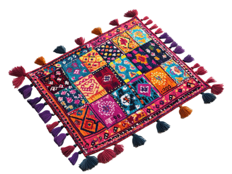 Bohemianstyle floor rug with a multicolored patchwork design featuring tassels on the edges