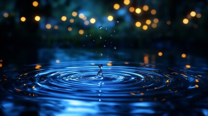 A single droplet splashing into a dark pond, causing perfect concentric ripples, illuminated by moonlight, with fireflies glowing in the background. Night scene, Realism, Blue tones