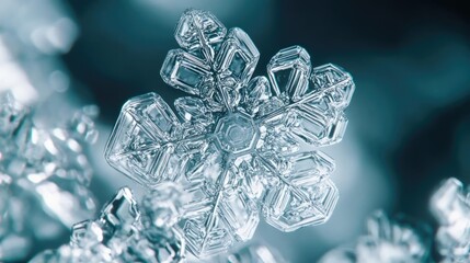 Fototapeta premium Stunning close-up of a snowflake showcasing intricate ice crystal patterns against a soft, blurred background.
