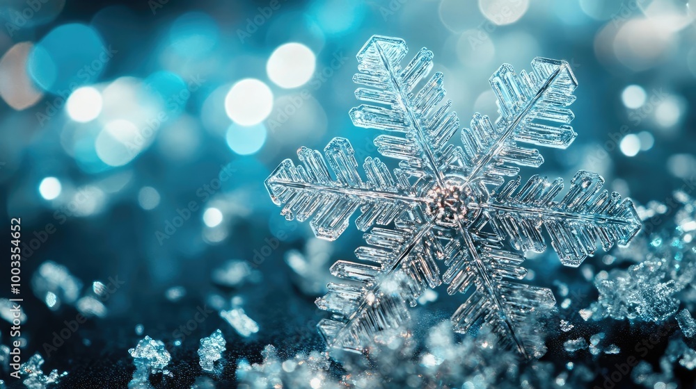 Poster close-up of a delicate snowflake with sparkling bokeh effects, capturing the beauty of winter's natu