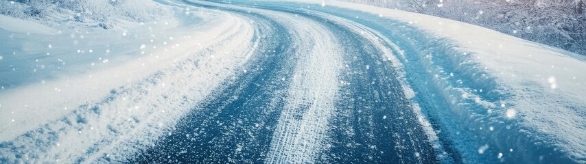 Obraz premium Serene winter scene of a winding road covered in fresh snow with gentle snowfall and soft sunlight illuminating the landscape.