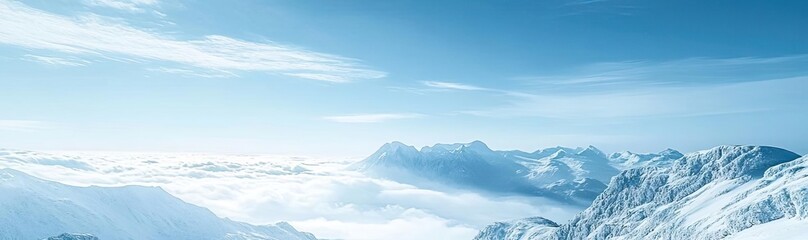 A breathtaking winter landscape showcasing majestic snow-covered mountains under a clear blue sky, evoking tranquility and solitude.